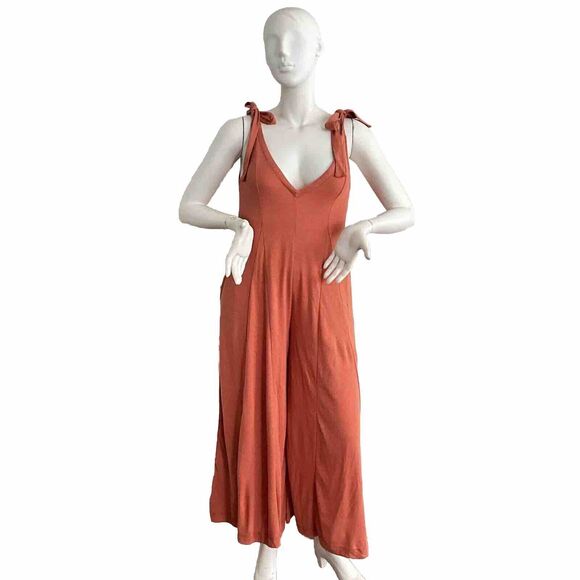 New FP Beach Alice Wide Flare Leg Jumpsuit One-piece Cinnamon Tie Shoulder XS - Picture 2 of 12